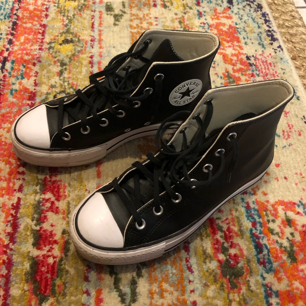 Converse high top platform black leather sneakers. Size 81/2